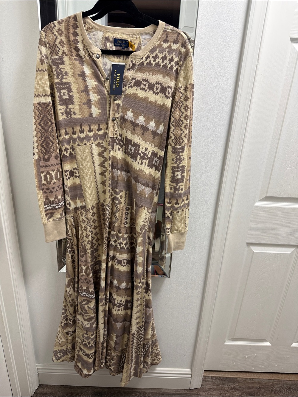 Polo by Ralph Lauren Beige and Brown Patterned Long Sleeve Knit Dress